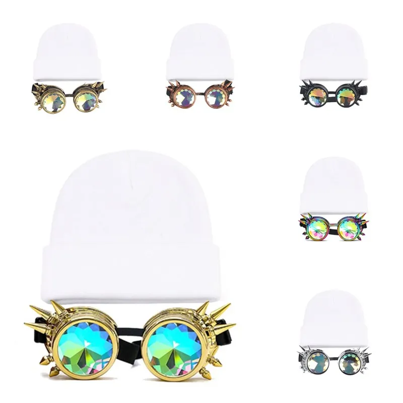 

Шапки с очками калейдоскоп рейв очки стимпанк Солнцезащитные очки с радужной расцветки с украшением в виде кристаллов белое стекло объекти...