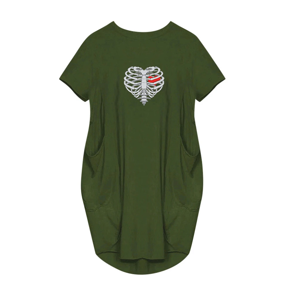 

Casual Women Fashion Heart Printing Short Sleeve Summer Pocket Loose Tops Dress Vetement Femme Dress Plus Size