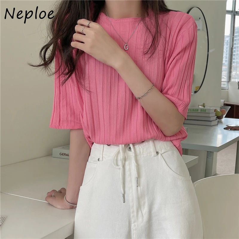 Neploe корейский пуловер с круглым вырезом Вязаная футболка коротким рукавом