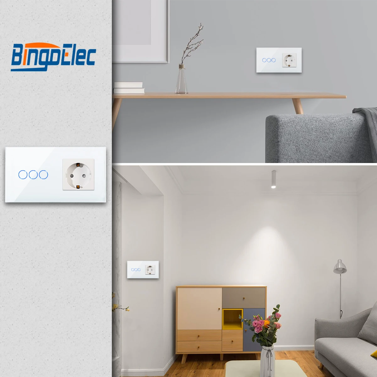 

Bingoelec Touch Light Switch 3 Gang 1 Way And 16 A Germany Wall Socket White black pick Crystal Glass Panel 157*86 mm