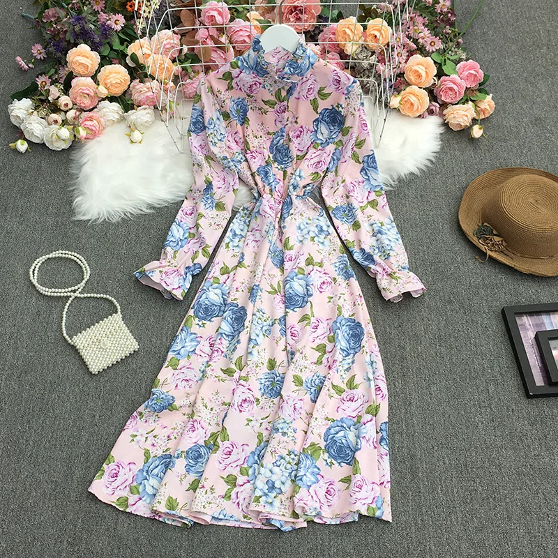 Женское шифоновое платье трапеция винтажное с цветочным принтом и бантом на