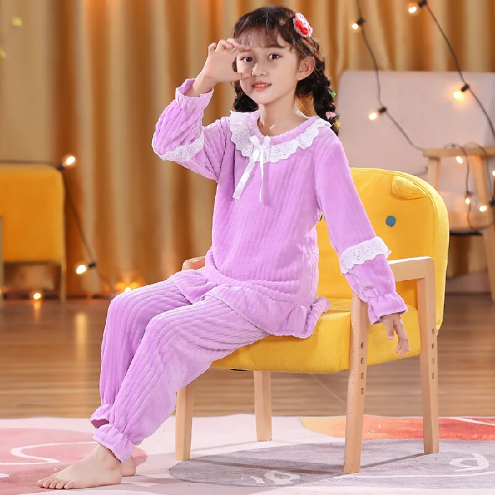 

2021 Winter Flannel Pajama For Kids Princess Pajamas Sets Children Warm Thick Cute Sleepwear Girls Coral Fleece Pyjama Wholesale
