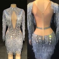 women crystals one piece party dress silver tassel sexy singer dancer bodycon dress nightclub performance stage costumes