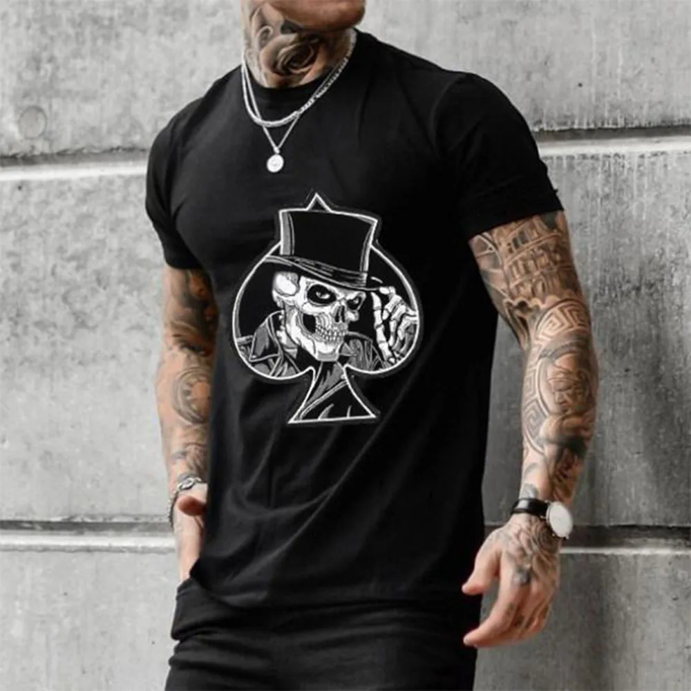 

2021 T-shirt Western Style Fashion Oversize Loose Casual Designer Simple Thin Poker Skull Printing Round Neck Summer