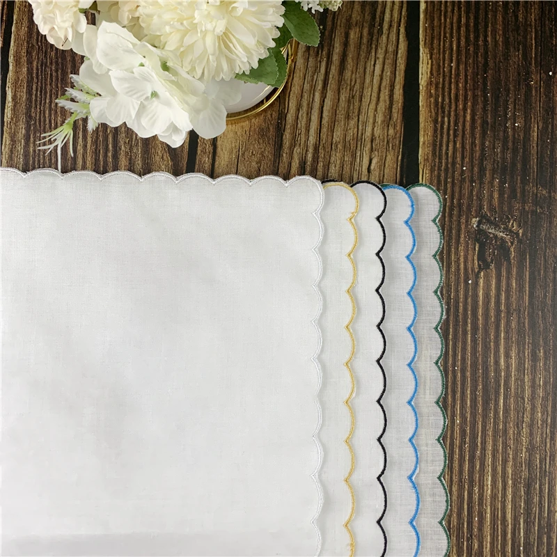 Servilletas de mesa a la moda, servilletas de cena de lino irlandés blanco con bordes festoneados bordados de Color, 40x40 CM, 12 Uds.