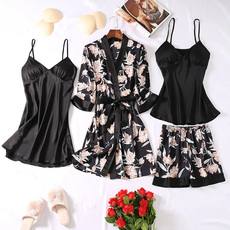 4 Pcs Suit Print Pajamas Set With Chest Pad Women Half Sleeve Sexy Fashion Pyjamas