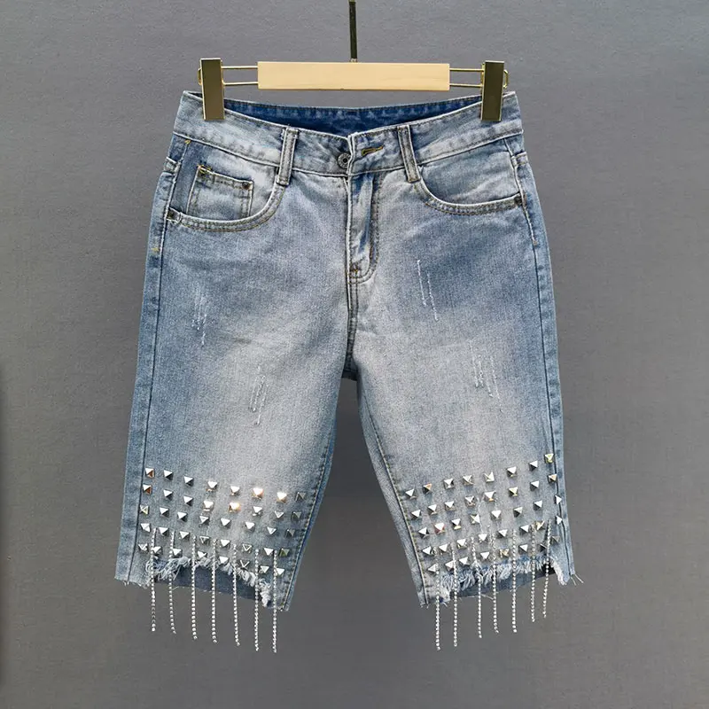

Denim Pants Women's 2021 Summer New High Waist Jeans Rivets with Diamonds Tassel Ripped Fifth Jeans Shorts Girls Lady Hot Pants