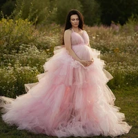 sweet pink halter prom dress floor length evening dresses lush tulle ball gown fluffy maternity dress for photoshoot