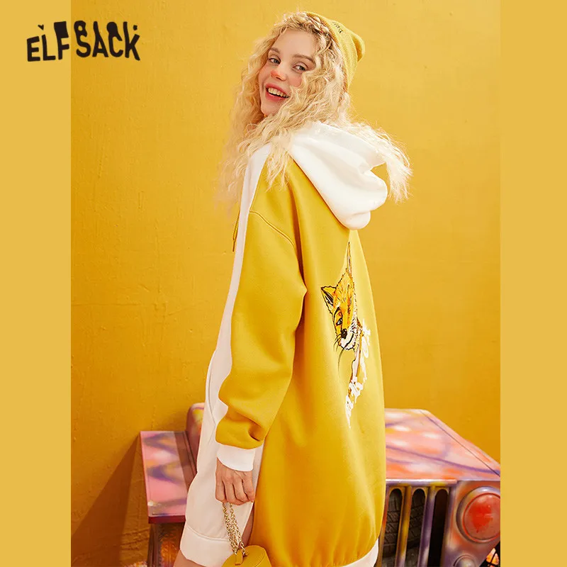 Женское вельветовое платье ELFSACK желтое лоскутное с капюшоном и принтом лисы