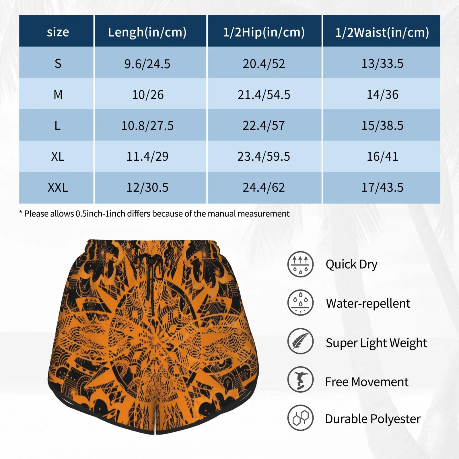 

Golden Flower Swim Shorts Women Beach Shorts Flower Mandala Dots Mandala Art Leaves Black Dark Orange Symmetrical