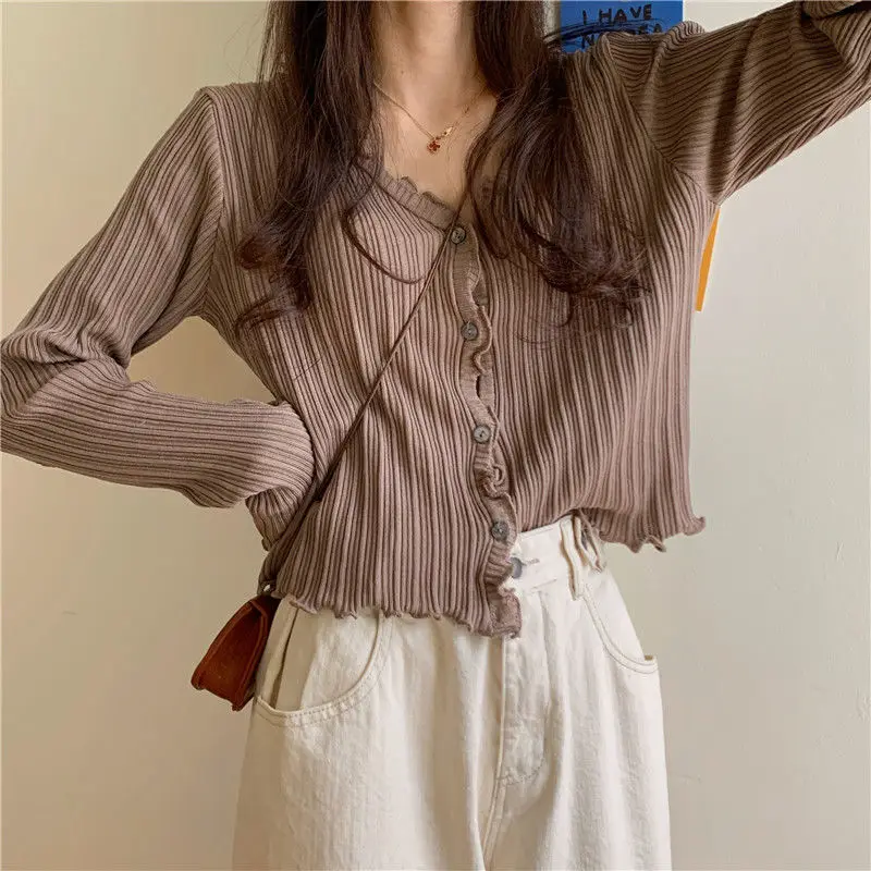 

Cardigan Women Candy Colors Korean Fashion Design Ruffles Chic Streetwear All-match Harajuku Vintage 6-colors Cropped Sweater