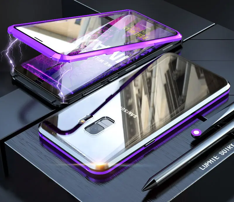 Black Purple Front Glass Full 360 Case For Samsung Galaxy S9 S8 Plus S Note 9 8 Note8 Note9 S9Plus Magnetic Bumper Samsung S9Plus Case S8Plus - Цвет: Black Purple