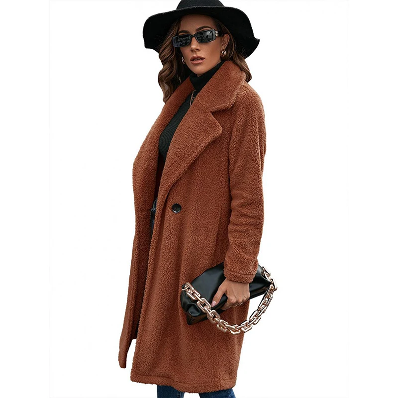 

Elegant Office Lady Double Breasted Long Wool Blends 2021 Winter Solid Turn Down Collar Warm Outerwear Long Jacket Lamb Coat