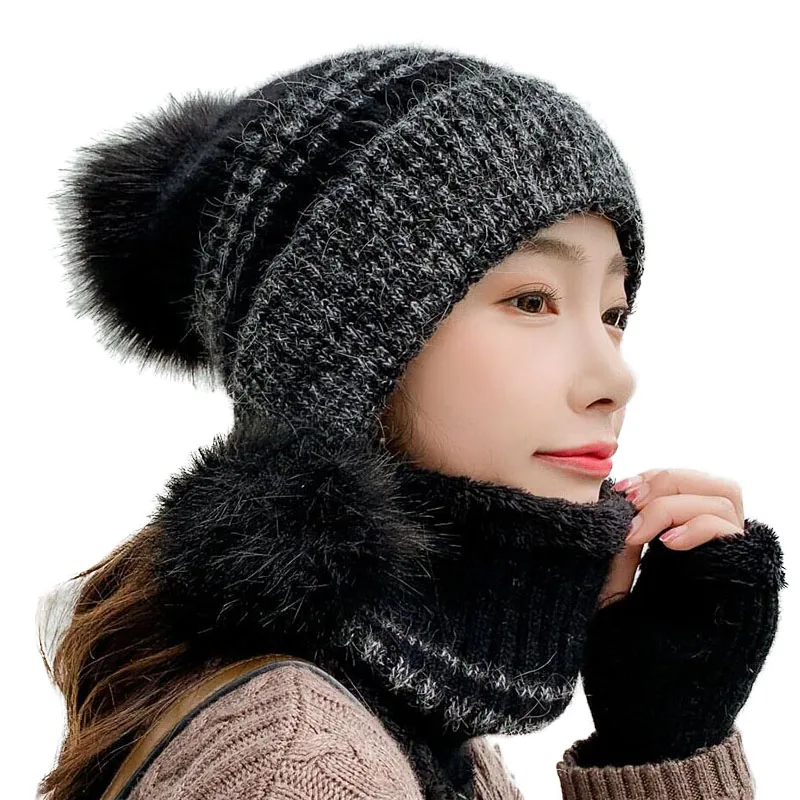 High Quality Women Winter Scarf Gloves 3 Pieces Casual Hat Lovely Knitted Long + Beanie Sets Girls Shoes |