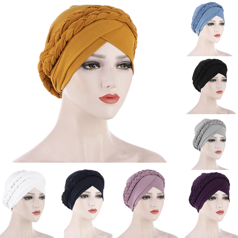 

Women Ladies Muslim Hair Loss Stretch Turban Caps Western Style Cancer Chemo Hat Solid Color Braid Head Scarf Baotou Cap