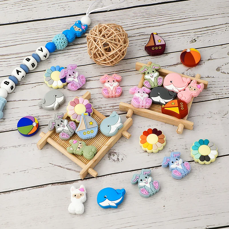 Cuentas de silicona de dibujos animados para beb&eacute;, cadena de chupete sin BPA, accesorios para mordedor, conejo, gato, arco&iacute;ris, 10 piezas-4