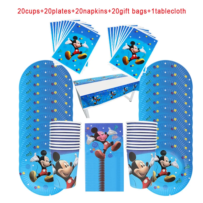 

81Pcs Mickey Mouse Theme Disposable Tableware Design Kids Birthday Party Paper Plate+Cup+Napkin+ Gift Bags+Tablecloth Supplies