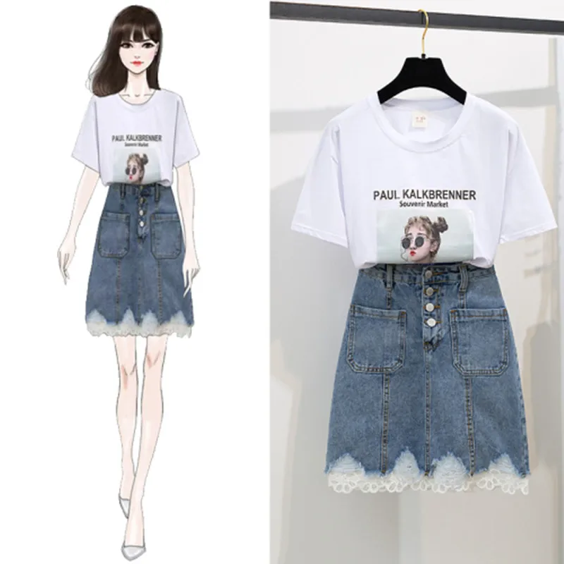 Женский джинсовый костюм с юбкой хлопковая Футболка принтом и кружевная юбка