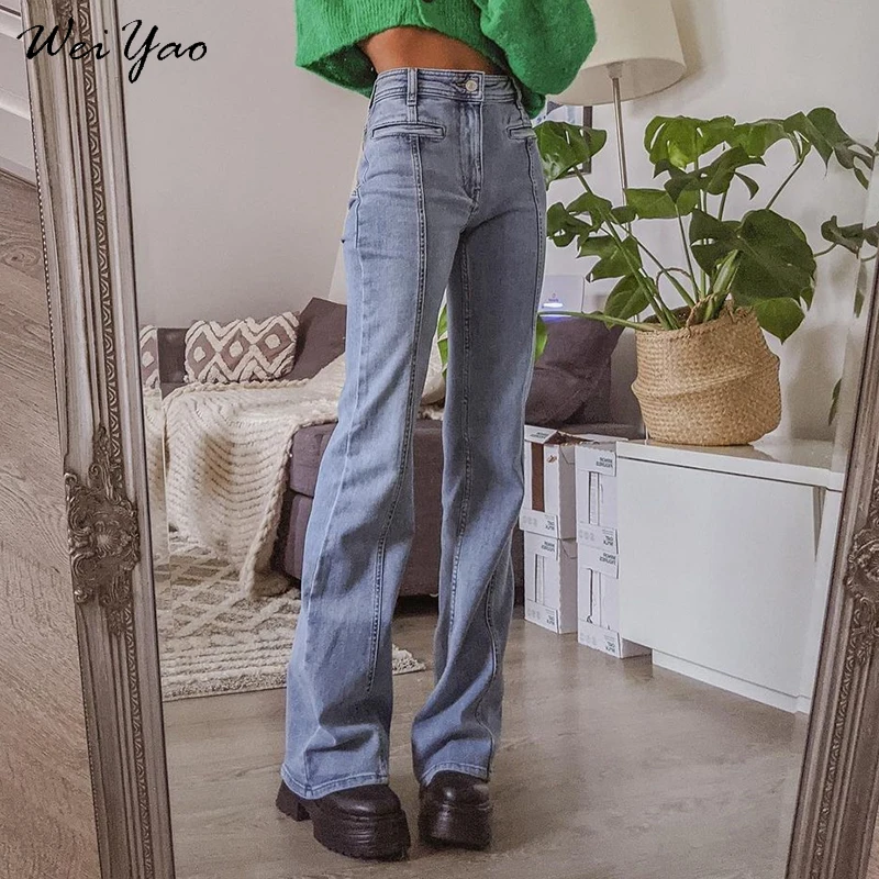 

Уличная одежда WeiYao 90-х, джинсы с заниженной талией в виде пентаграммы, женские эстетические джинсовые брюки Y2K, уличная одежда, расклешенные ...