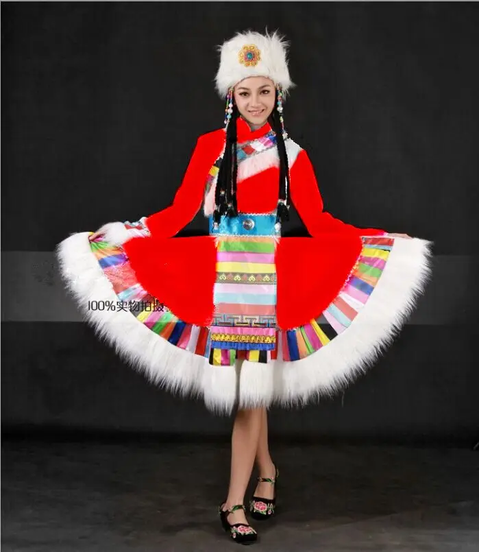 White Red Tibetan Mongolian Traditional Clothes Women's Ethnic Clothing Long Sleeved Fluffy Skirts Stage Dance Costume | Тематическая
