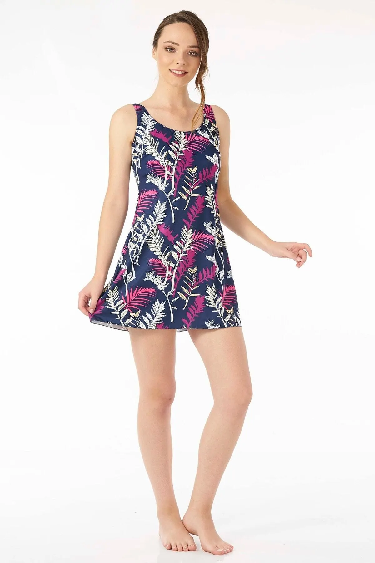 

Female Swimwear Patterned Navy Blue Large Size Shorts Dress Swimsuit