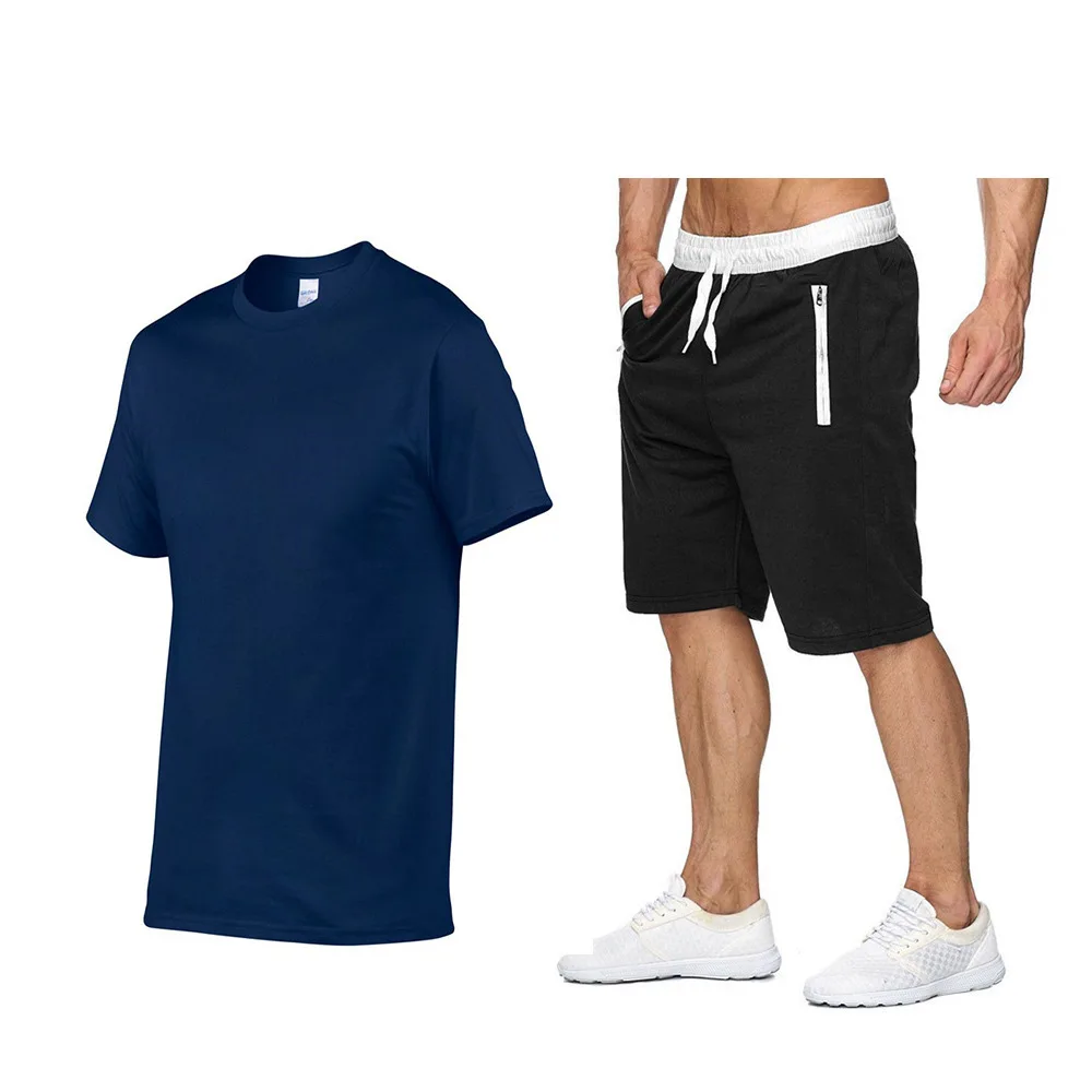 

Summer Solid Color Sportswear T-Shirt + Shorts Suit Men's 2-Piece Beachwear Men's T-Shirt Casual Breathable Suit Direct Sales
