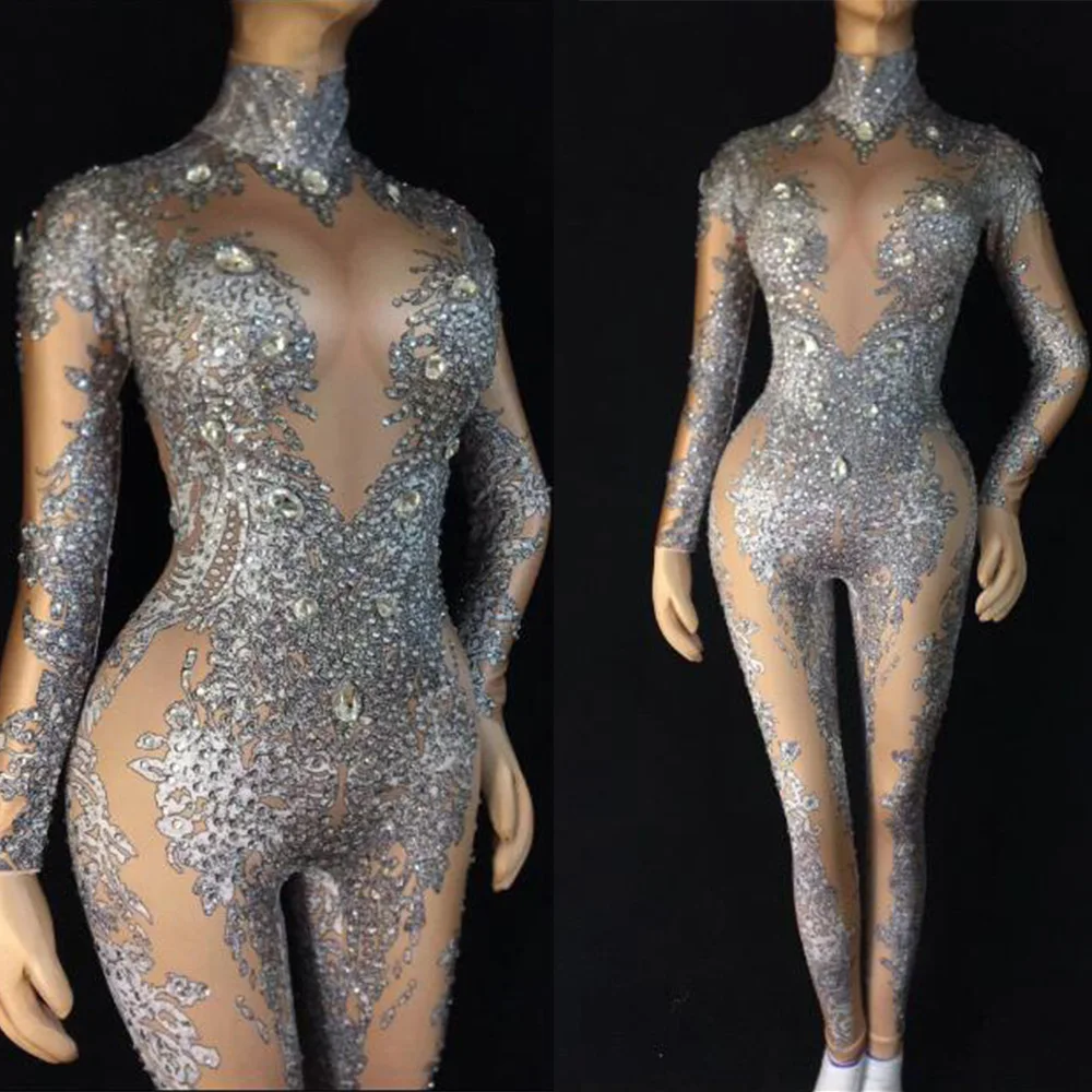 

Silver Long Sleeve Beading High Elasticity Jumpsuit Performance Party Celebrate Luxurious Shining Clothing Female Stage Costumes