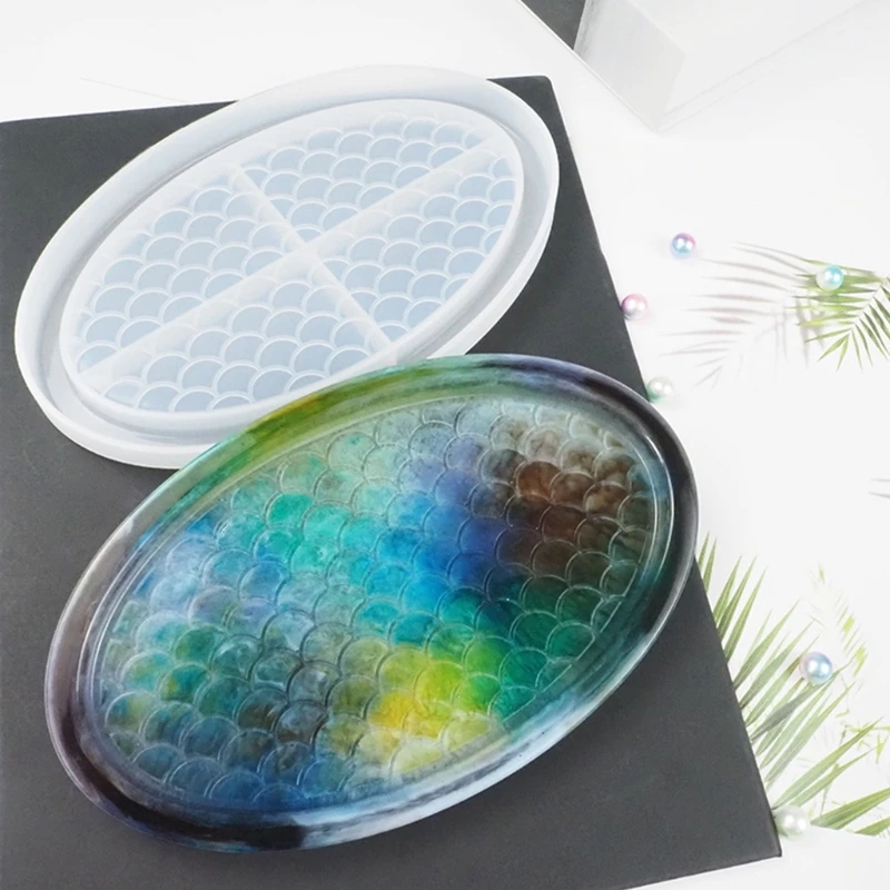 

Ocean Fish Scale Oval Tray Crystal Epoxy Resin Mold Fruit Plate Storage Box Silicone Mould DIY Crafts Decorations Tool
