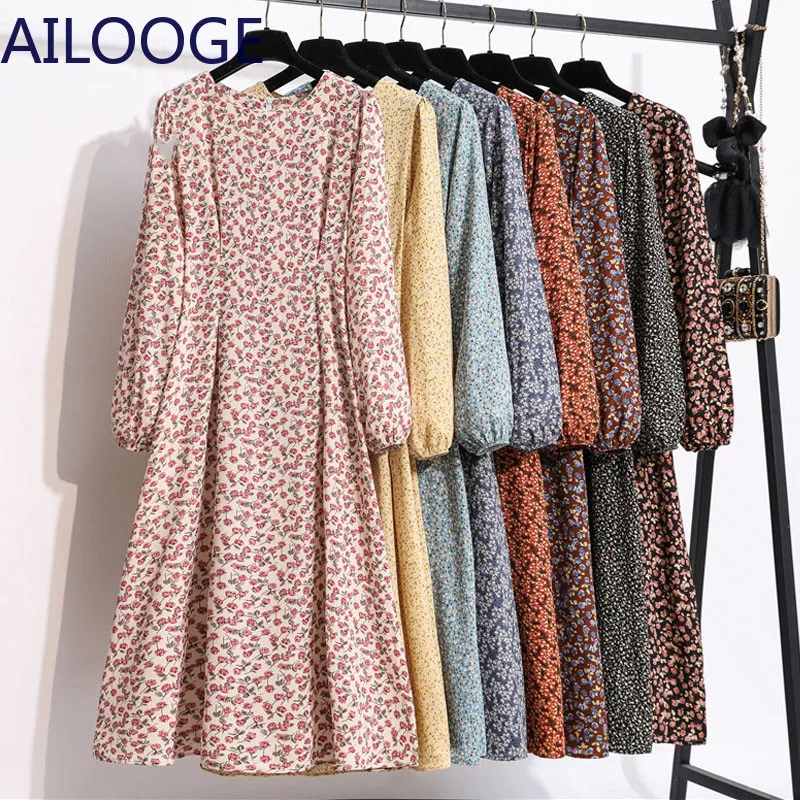

2021 Autumn Winter Women Dress Vintage Lantern Sleeve Floral Print Chiffon Long Dress Casual A-line Elegant Party Vestidos Robe