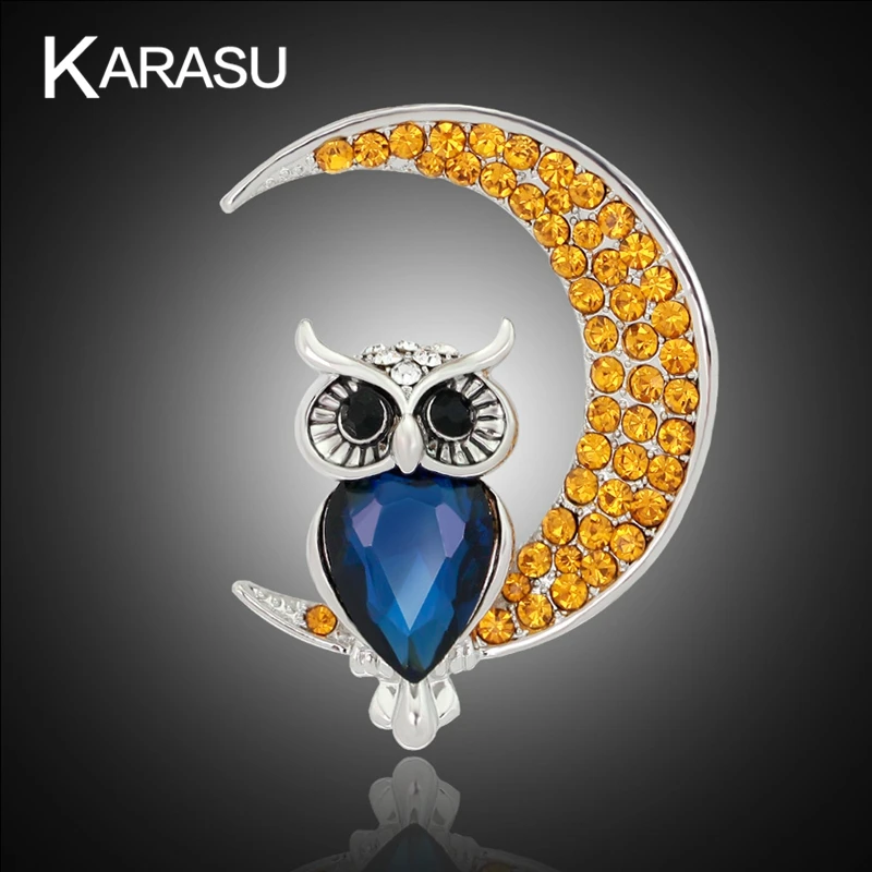 Желтая брошь в виде совы и Луны Стразы золотого цвета роскошные ювелирные