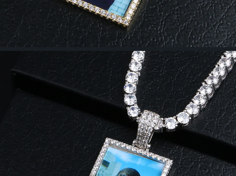 Rectangle Custom Made Photos Medallions Pendant Necklace With AAA Cubic Zircon Rope Cuban Tennis Chain Drop Shipping Gift Box