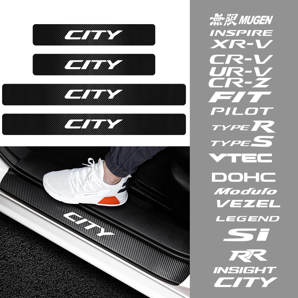

4Pcs Carbon Fiber Car Door Sill Protector Sticker Decal For Honda Vtec Mugen Civic Insight SI RR City CR-V Typer Pilot Fit Dohc