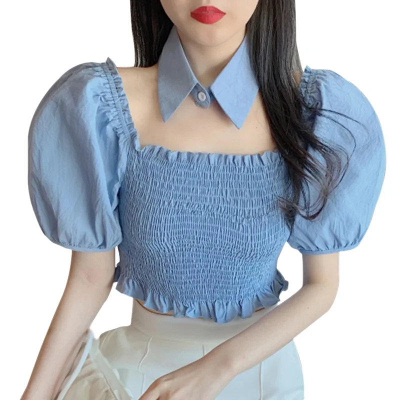 

Summer Women's Slash Blouse Short Casual Top Puff Sleeve Bow Patchwork Shirrt Sweet Clothing Korea Tops