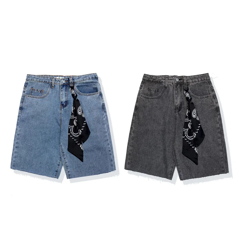 

Summer New European and American Men's pants Simplicit trendy bandana decoration loose oversize Men's denim shorts bandana pants