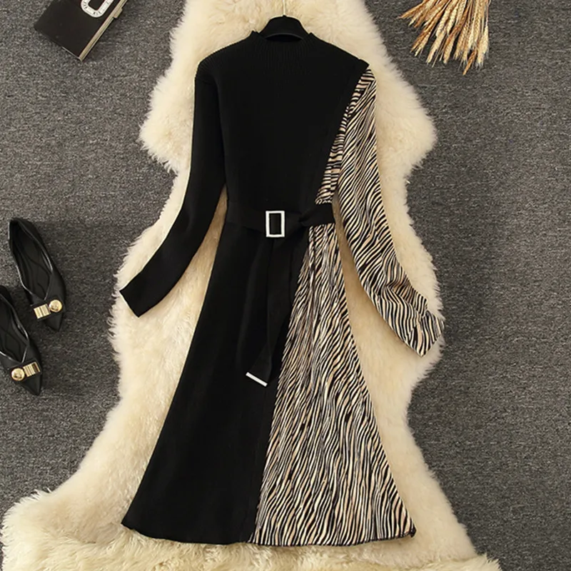 

Winter 2021 Elegant Long Midi Party Dress Leopard Print Warm Knitted Long Sleeve Slim Formal Pleated Dress Autumn