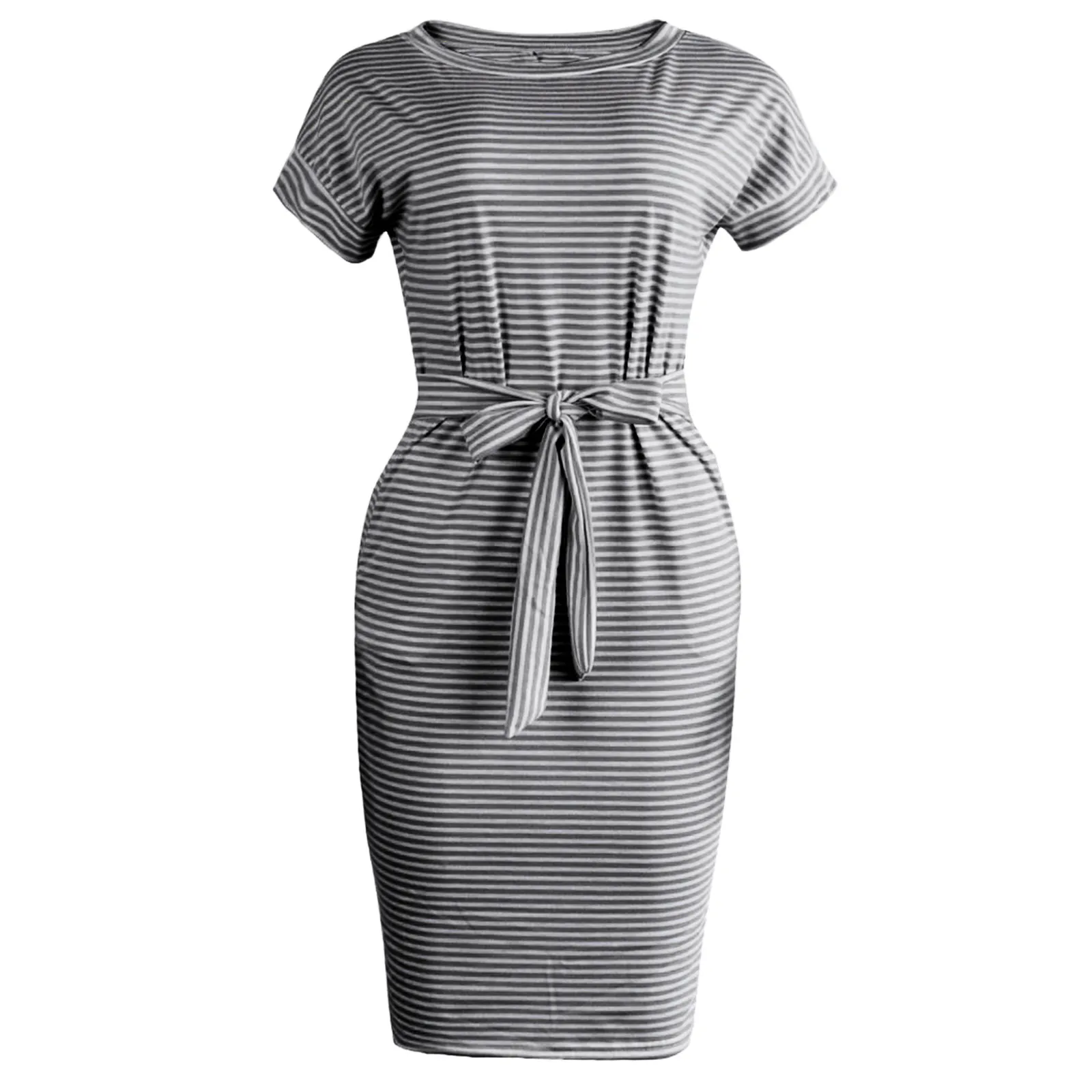 

2021 Women's Dress Summer Casual Striped Short Sleeve O-Neck Midi Dress Female Belt Waist Dress With Pockets#35