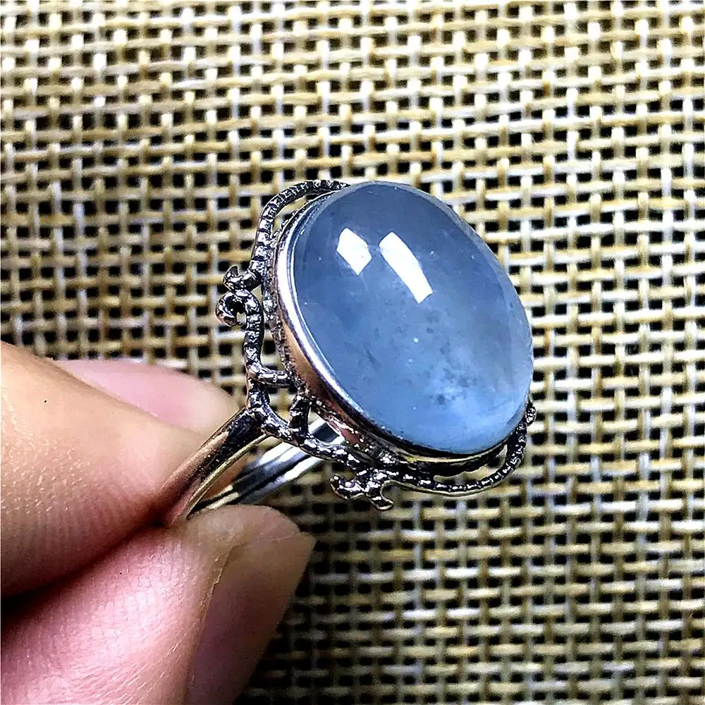 15x12mm Top Natural Ocean Blue Aquamarine Ring Silver Sterling Jewelry For Woman Man Crystal Beads Stone Adjustable AAAAA | Украшения и