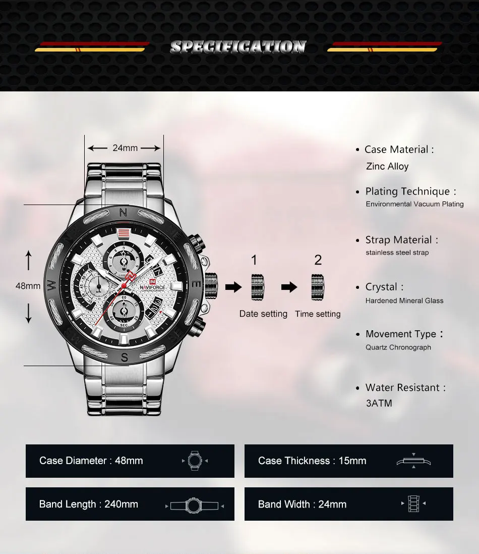 Часы наручные NAVIFORCE Мужские кварцевые модные повседневные Роскошные Аналоговые
