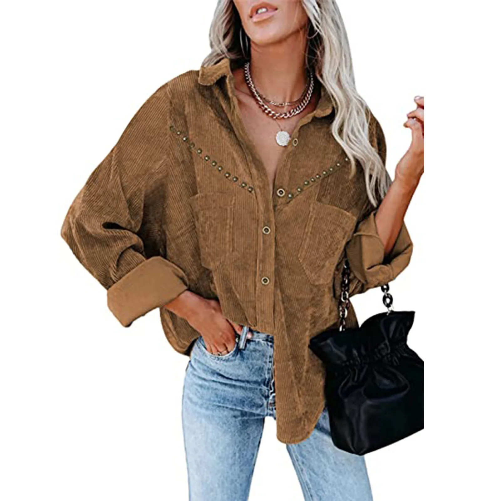 

Women Single-breasted Corduroy Shirt, Adults Irregular Solid Color Long Sleeve Lapel Rivet Cardigan