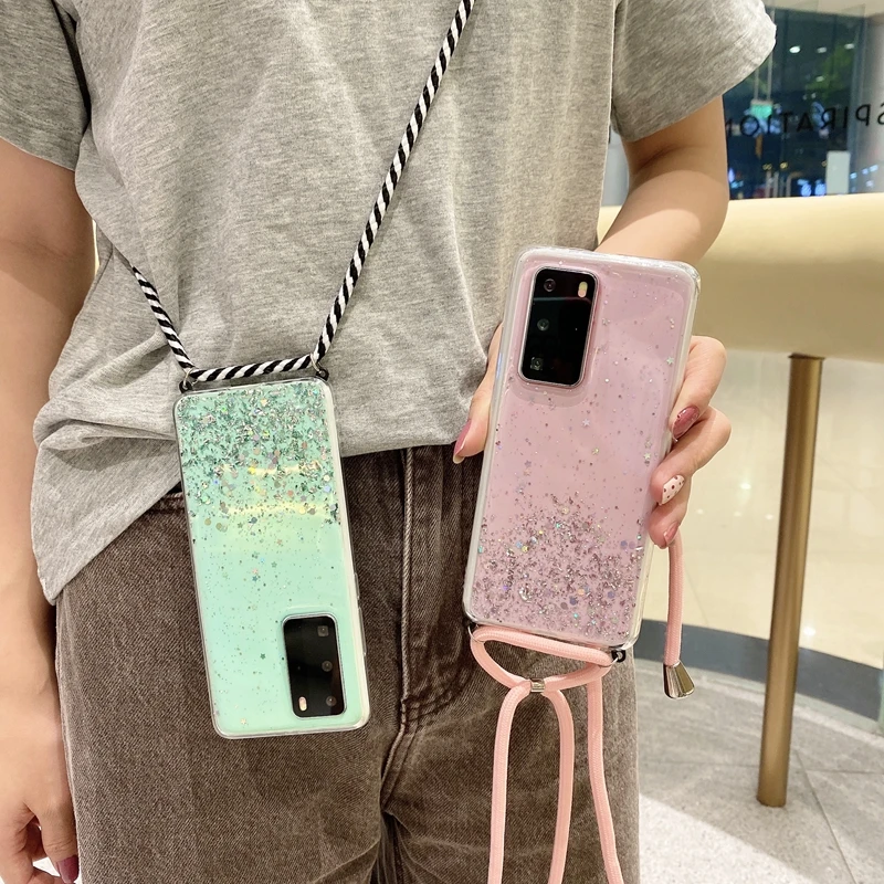 Чехол для Huawei P40 P30 Lite P20 Pro чехол с блестками и ожерельем ремешком Mate 20 10 30 Чехлы