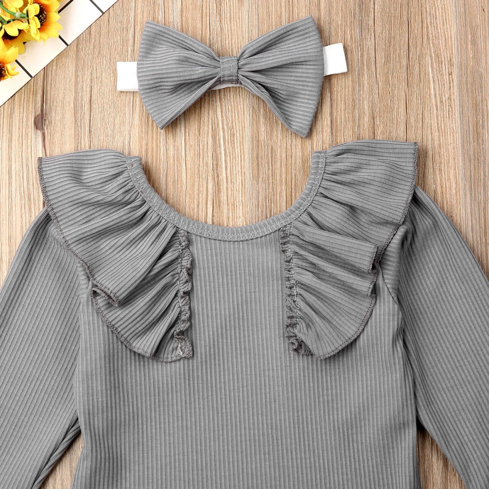 Детская одежда весна-осень для новорожденных, для маленьких девочек, комплект из 2 предметов, комплект одежды с оборками твердые ребристые боди с длинным рукавом комбинезон+ повязка на голову