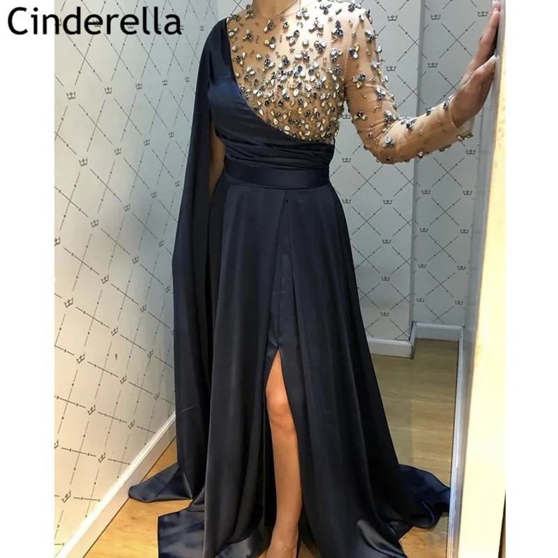 

Long Sleeves Prom Dresses Sleeveless A-Line Floor Length Silk Satin Crystal Beading Prom Dresses vestidos de fiesta de noche