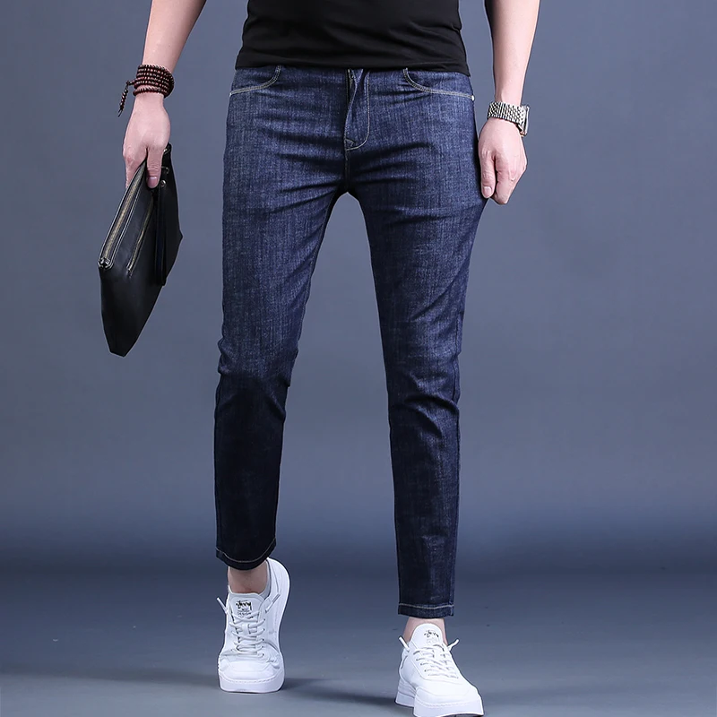 Summer New Men's Jeans Fashion Blue Slim Fit Ankle-Length Pants Korean Style Thin Denim Trousers