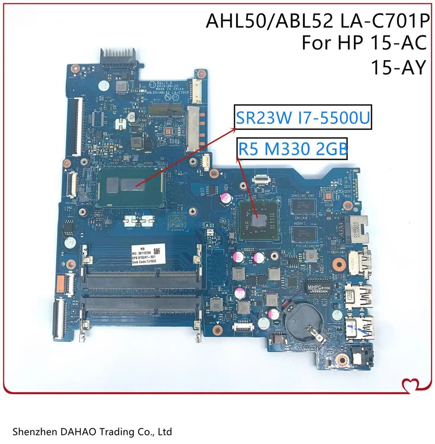 

815247-601 815247-501 815247-001 For HP TPN-C125 15-AC 15-AY Laptop Motherboard AHL50/ABL52 LA-C701P W/ i7-5500U R5 M330 2G Test