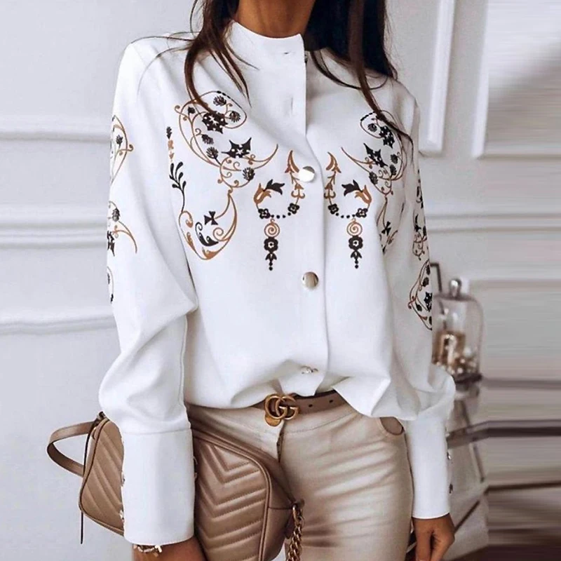 

Button Long Sleeve Blouse Women Spring Autumn Single Breasted Stand Collar Shirts Office Work Blouse Print Vintage Blouse Shirts
