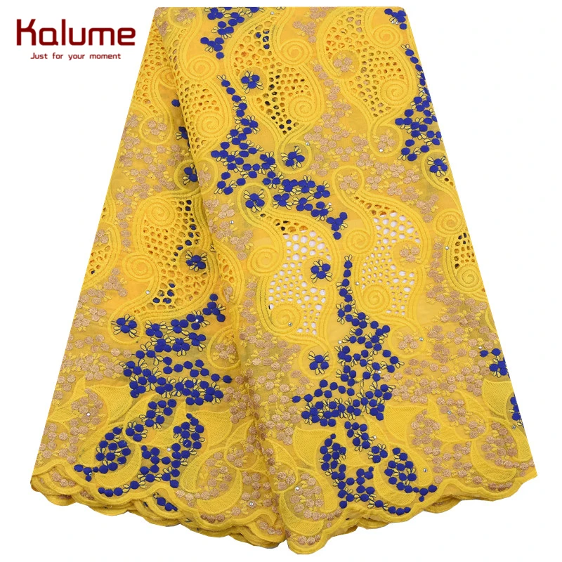 

Kalume Latest African Swiss Cotton Lace Fabric 5 Yards Nigerian Swiss Voile Lace Fabric With Stones For People Sewing Dress 1919