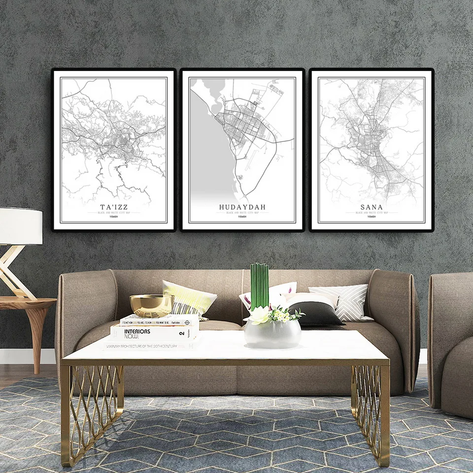 Черно-белая карта города Йемена плакат в скандинавском стиле для гостиной Сана
