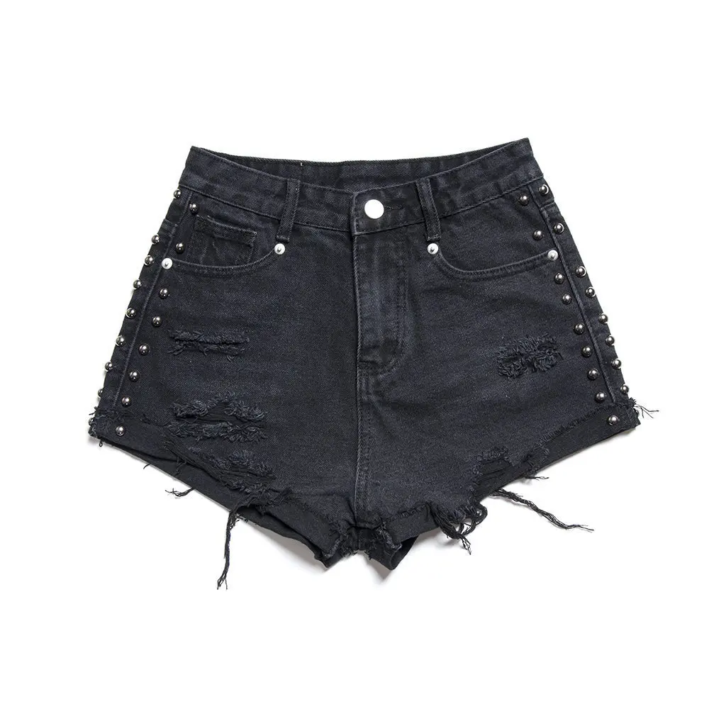 

High Waist Denim Shorts Women's Fashionable Korean Style New Bf Handsome Curling Ripped Rivet Hot Pants