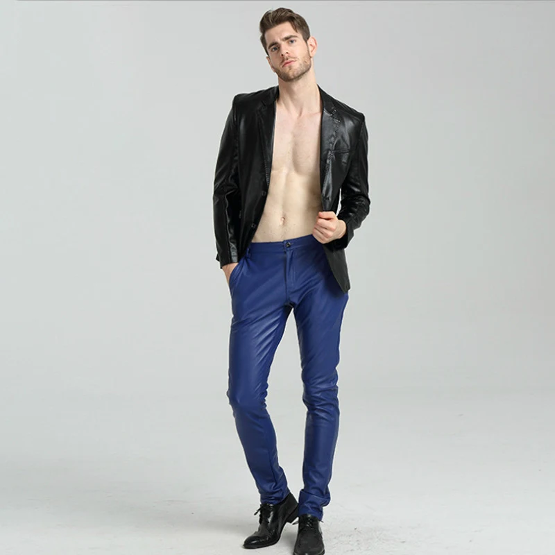 Мужские синие мотоциклетные брюки из искусственной кожи узкие для мальчиков