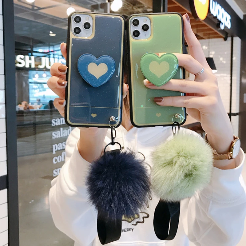 Чехол для samsung Galaxy S8 S9 S10 Plus + Note 8 9 10 Pro с меховым помпоном и блестящим сердечком